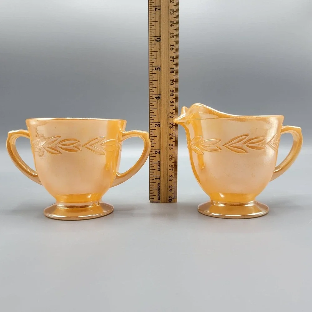 Vintage Orange Lustre Fire King Creamer & Sugar Set Laurel Leaf Glass Oven Ware